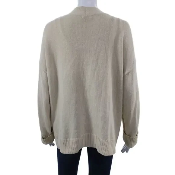 525 Unisex Cardigan V-Neck Button 100% Cotton Beige Long Sleeve Size M - Picture 3 of 6
